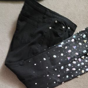 Black denim Diane Gilman jeans with iridescent gem embellishments, 12P